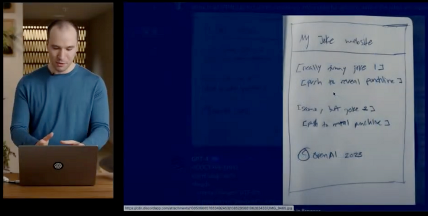 OpenAI President Greg Brockman demonstrates image commands, quickly writing HTML & JavaScript code.