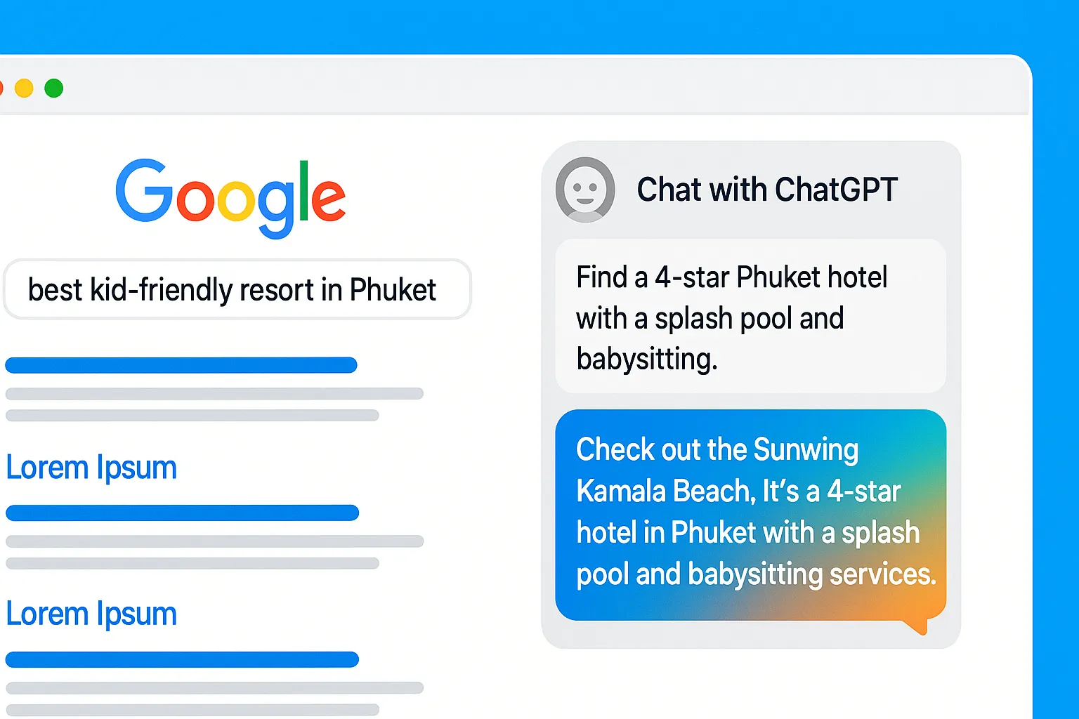 Split-screen of Google search and ChatGPT chat showing travel queries and AI-generated hotel recommendation.